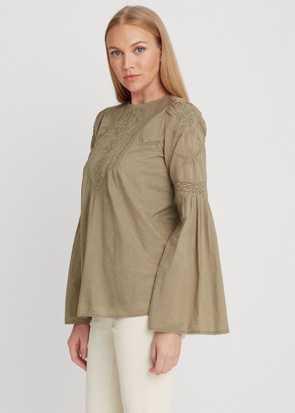 Tops Ralph Lauren Mujer Verde Oliva - Embroidered Bell-Sleeve - XSUQP6572